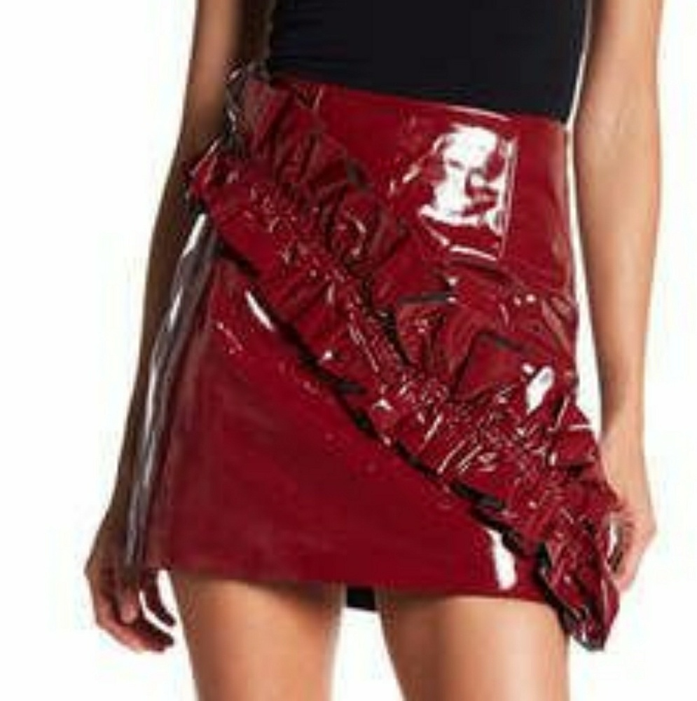 Alpha Omega Nordstrom Red Ruffle Faux Leather Skirt